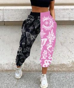 Women’s Casual Black & Pink Print Elastic Waist Pocket Wide Leg Pants
