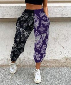 Women’s Casual Black & Purple Print Elastic Waist Pocket Wide Leg Pants
