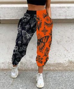 Women’s Casual Black & Orange Print Elastic Waist Pocket Wide Leg Pants