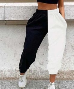 Women’s Casual Black & White Print Elastic Waist Pocket Wide Leg Pants