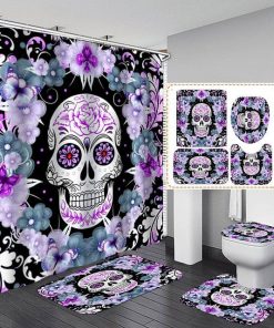 Purple Skull Print Shower Curtain Set With Bath Mat Carpet Toilet Seat Cover