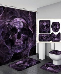 Purple Smokey Skull Print Shower Curtain Set with Bath Mat Carpet Toilet Seat Cover