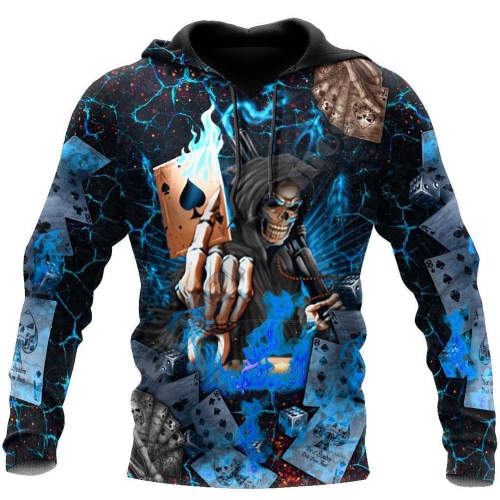 Poker Skulls On Blue Fire 3D Printed Pullover or Zipper Hoodie & Sweatshirt