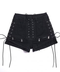 Women Casual Gothic High Waist Lace Up Black Shorts