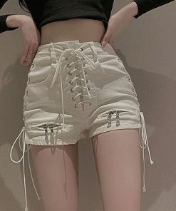 Women Casual Gothic High Waist Lace Up White Shorts