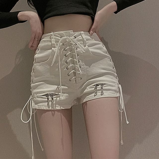 Women Casual Gothic High Waist Lace Up White Shorts