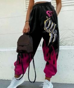 Women’s Casual Black Pink Skull Print Elastic Waist Pocket Wide Leg Pants