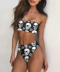 Balck and White Skull Print Bandeau Bikini 2pcs Bathing Suit 6 Patterns