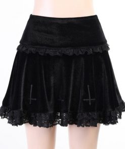 Gothic Velvet Vintage Cross Embroidery High Waist Black Lace Trim Skirt
