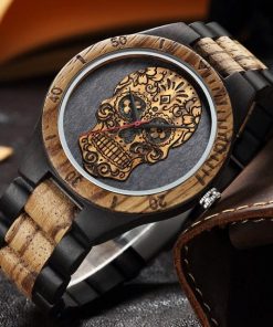 Skull Brown Wooden Strap Quartz Wristwatch