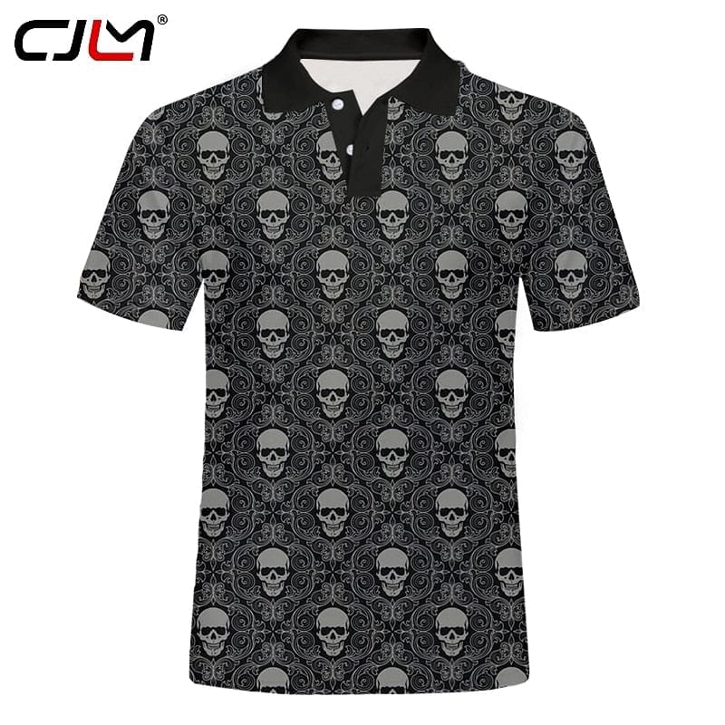 Men’s Black Skull Pattern Polo Shirt