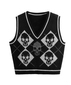 Skull Gothic Knit Sweater Vest Argyle Print Pattern
