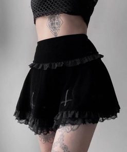 Gothic Velvet Vintage Cross Embroidery High Waist Black Lace Trim Skirt