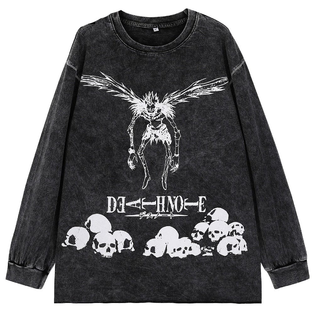 Oversize Washed Long Sleeve Skulls Graphic Top