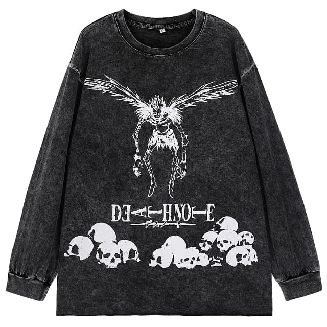 Oversize Washed Long Sleeve Skulls Graphic Top