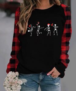 Skull Print Women’s Pullovers Black and Red Plaid Raglan Sleeve T-Shirt