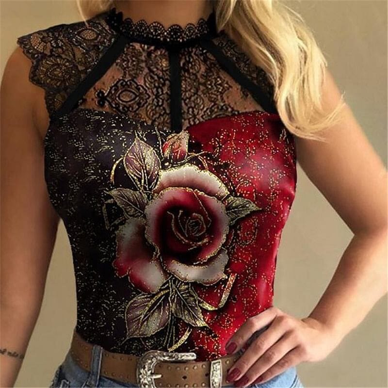 Floral Gothic Style Sleeveless Rose Print Blouse