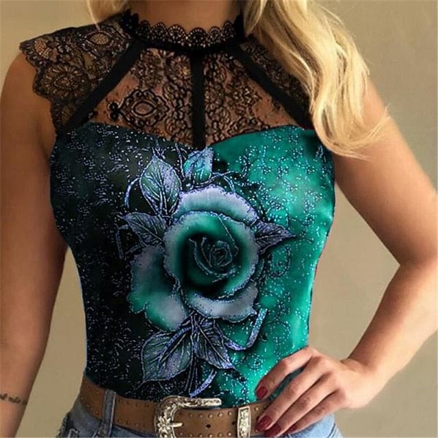 Floral Gothic Style Sleeveless Rose Print Blouse