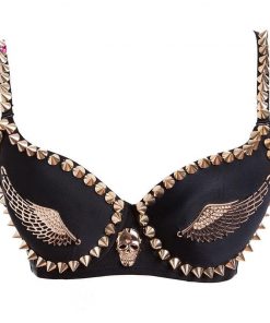 Skull Black Cotton And Gold Wings Bra