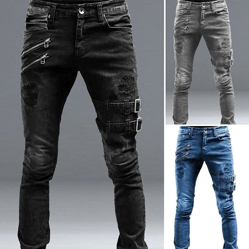 Men’s Cacual Ripped Zippers & Buckles Jeans