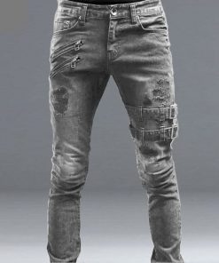Men’s Cacual Ripped Zippers & Buckles Jeans