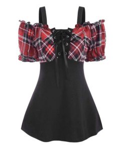 Women’s Red Plaid Lace Up Off Shoulder Ruffle Blouse