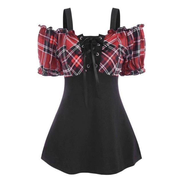 Women’s Red Plaid Lace Up Off Shoulder Ruffle Blouse
