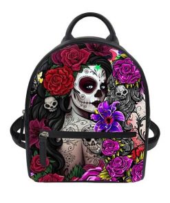Women Small Sugar Skull Girls With Rose Flower Print Backpack 4 Colors