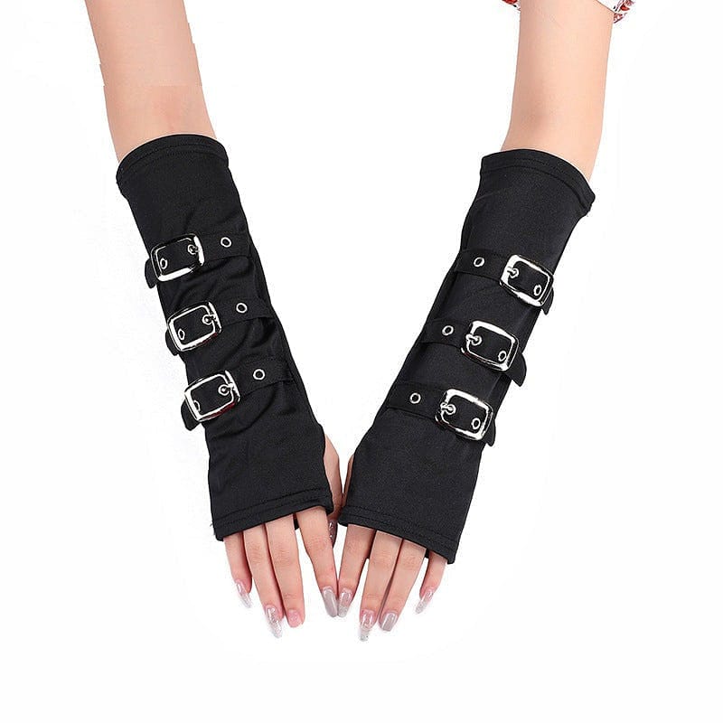 Long Black Fingerless Gothic Punk Buckle Gloves
