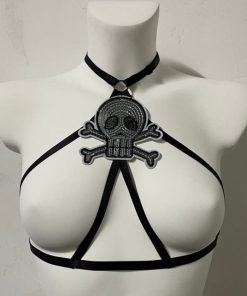 Skull Cross Bones Center Embroidery Patch Adjustable Cage Bra