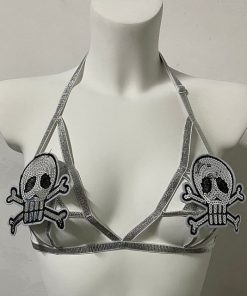 Skull Cross Bones Gray Embroidery Patch Adjustable Cage Bra