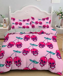 3D Pink Cherry Skull Printed Bedding Set Duvet Cover