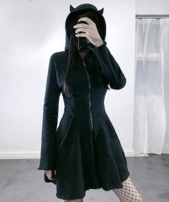 Mini Cat Ear Hooded Gothic Pullover Dress