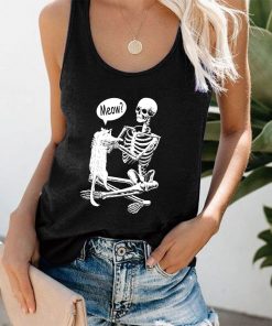 Meow Skull Skeleton Print Vintage Tank Top