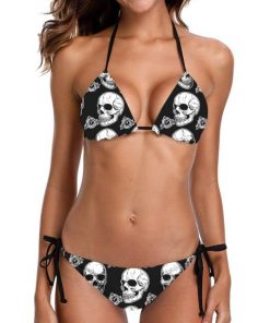 Black Punk Skull Print String Two Pieces Swimsuit