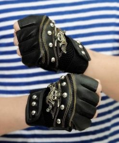 Skull Punk Black Biker Fingerless Gloves 3 Colors
