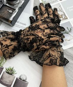 Mesh Full Finger Cross Skull Black Lace Gloves