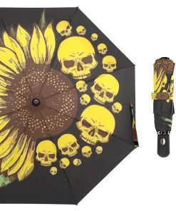 Fully Automatic Three Folding Umbrella Rain Women Creative Sunh Flower Skull Print
