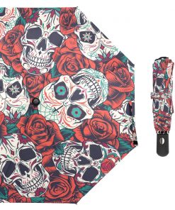 Skull Red Roses Print Folding Windproof Automatic Umbrella