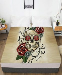 Mexican Skull & Roses Elastic Fitted Bed Sheet With An Elastic Band 1pc