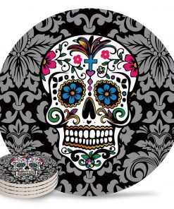 Sugar Skull Art With Retro Pattern Background Ceramic Coaster Set