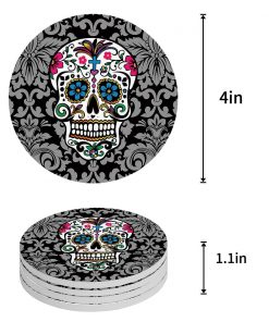 Sugar Skull Art With Retro Pattern Background Ceramic Coaster Set