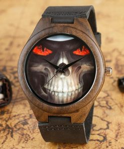 Steampunk Skull Face Red Eyes Bamboo Wood Watch