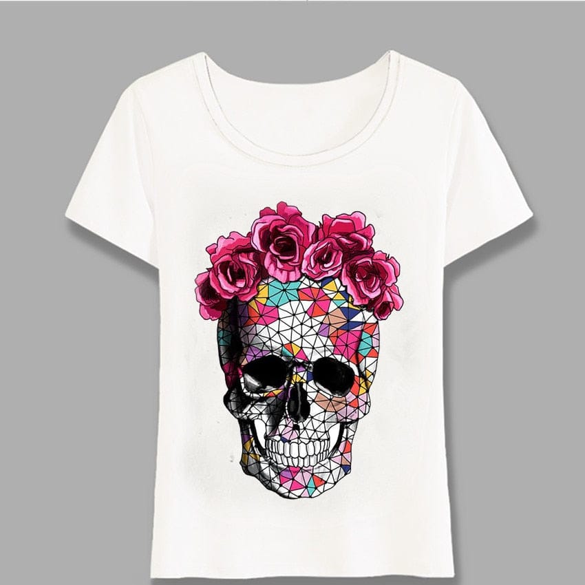 Women Short Sleeve Flowers Skull Art Printing T-Shirt