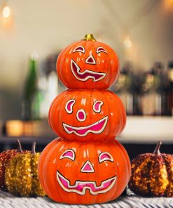 Halloween Pumpkin Lantern, Pre-Lit Hand-Painted Ceramic Pumpkins w/ Unique 3 Tiers Design