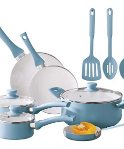 Ceramic Nonstick 12 Piece Cookware Set, Aqua, Hand Wash Only Pots and Pans