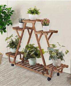 Triangular Plant Shelf 6 Potted Carbonized Wood Plant Holder Flower Pot Stand Display Storage Rack with Wheels for Garden