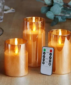 Glass Battery Operated Flameless Led Candles with 10-Key Remote and Timer, Real Wax Candles Warm White Flickering Light for Home Decoration(Set of 3)