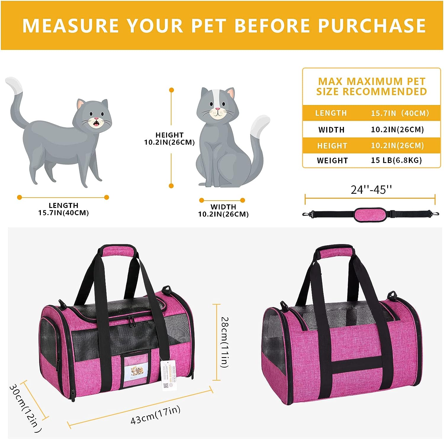 Cat, Dog, Pet Carrier Airline Approved for Cat, Small Dogs, Kitten, Carriers for Small Medium Cats Under 15lb, Collapsible Soft Sided TSA Approved Cat Travel Carrier