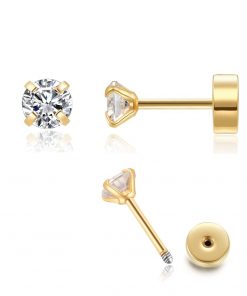 CZ Stud Earrings 14K Gold,Flat Screw Back Cubic Zirconia Earrings Helix Earrings Cartilage Tragus Piercing Jewelry Gift for Women Girls